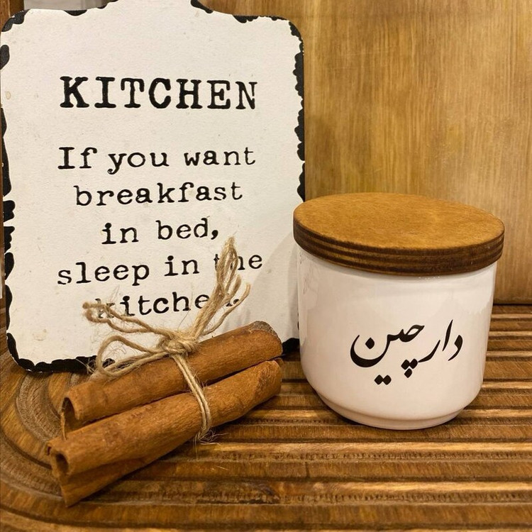 جا ادویه سرامیکی استوانه کوتاه پک 6 عددی - زعفران - آویشن - هل - دارچین - زنجبیل - گل محمدی