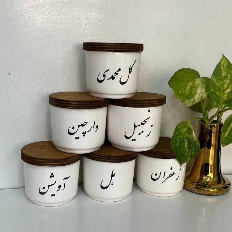 جا ادویه سرامیکی استوانه کوتاه پک 6 عددی - زعفران - آویشن - هل - دارچین - زنجبیل - گل محمدی