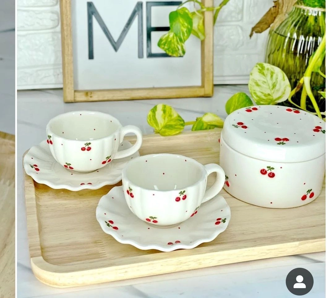 لته خوری و نعلبکی سرامیکی طرح آلبالو برجسته پک 6 عددی
